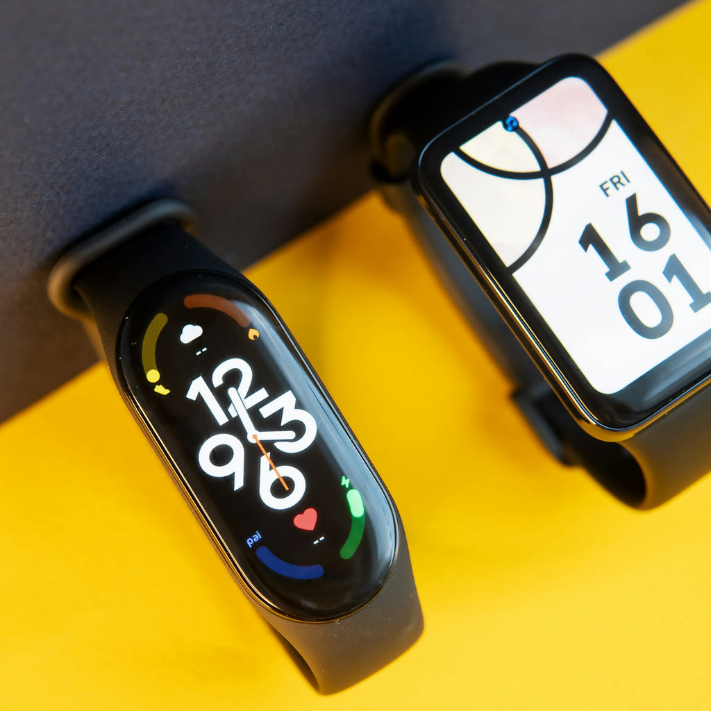 Xiaomi fitness bands on a yellow and grey background
